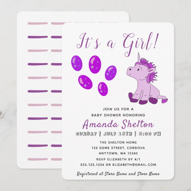Pink Unicorn Baby Girl Shower Invitation Card (Devant / Derrière)
