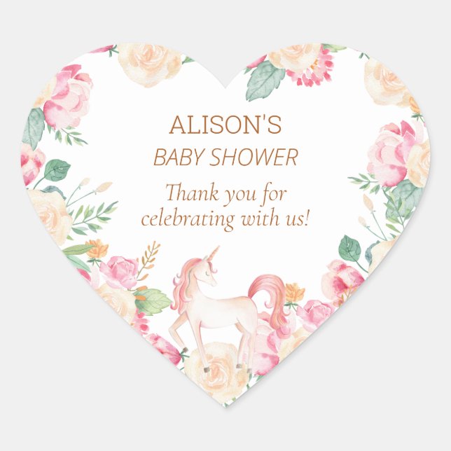Pink Unicorn Blumengrün Baby Dusche Vielen Dank Herz-Aufkleber (Vorderseite)