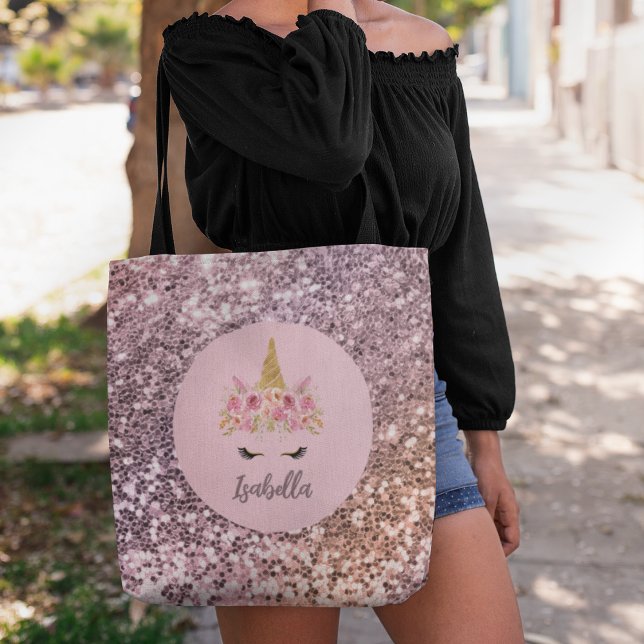 Pink Unicorn Floral Glitter Monogram  Tasche (Von Creator hochgeladen)