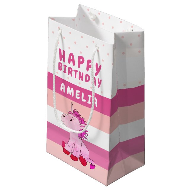 Pink Unicorn Girl Happy Birthday Kleine Geschenktüte (Vorderseite Schrägansicht)