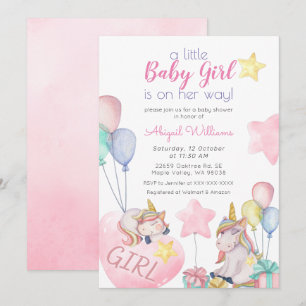 Pink Unicorn, Gold Star, Balloon Girl Baby Show Einladung