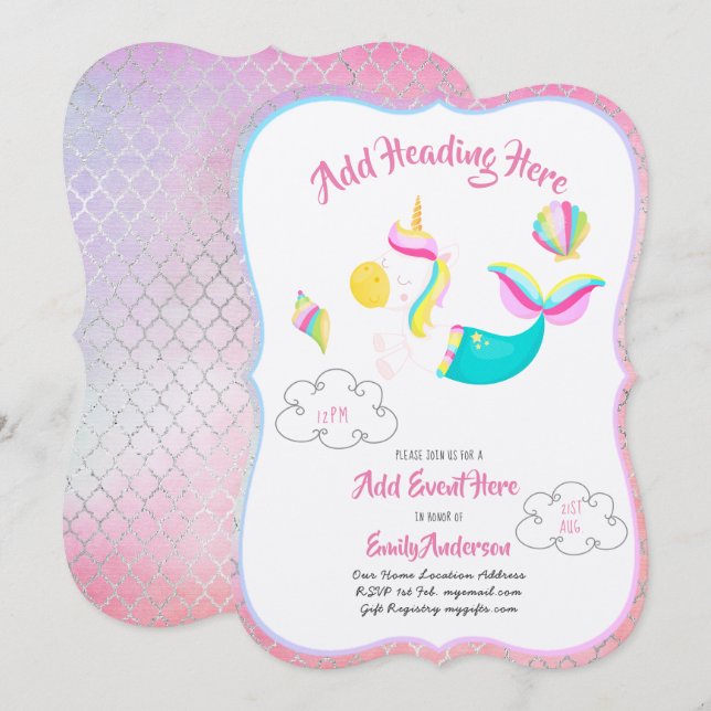 Pink UNICORN MERMAID Invitations Carte métallique (Devant / Derrière)