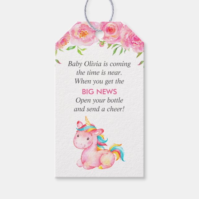 Pink Unicorn Mini Champagne Baby Dusche Gefallen Geschenkanhänger (Vorderseite)