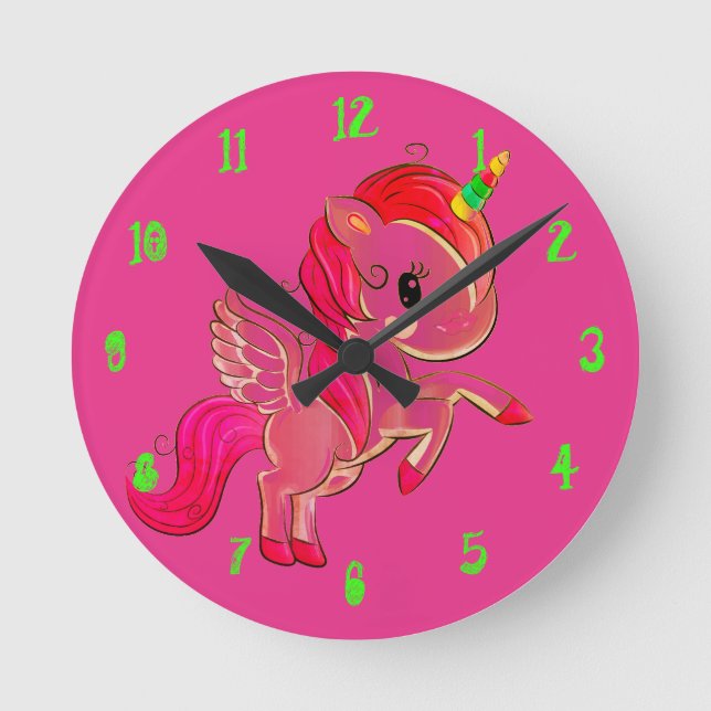 Pink Unicorn Wall clock Runde Wanduhr (Vorderseite)