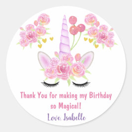 Pink Unicorn Watercolor Florals Danke zum Geburtst Runder Aufkleber