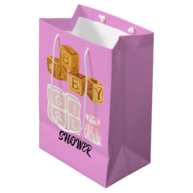 Pink Unique Baby Girl Dice Babydusche Geschenktasc Mittlere Geschenktüte (Vorderseite Schrägansicht)