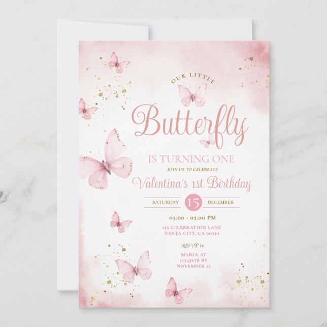 Pink Unser kleiner Schmetterling macht ein Gold Einladung (Vorderseite)
