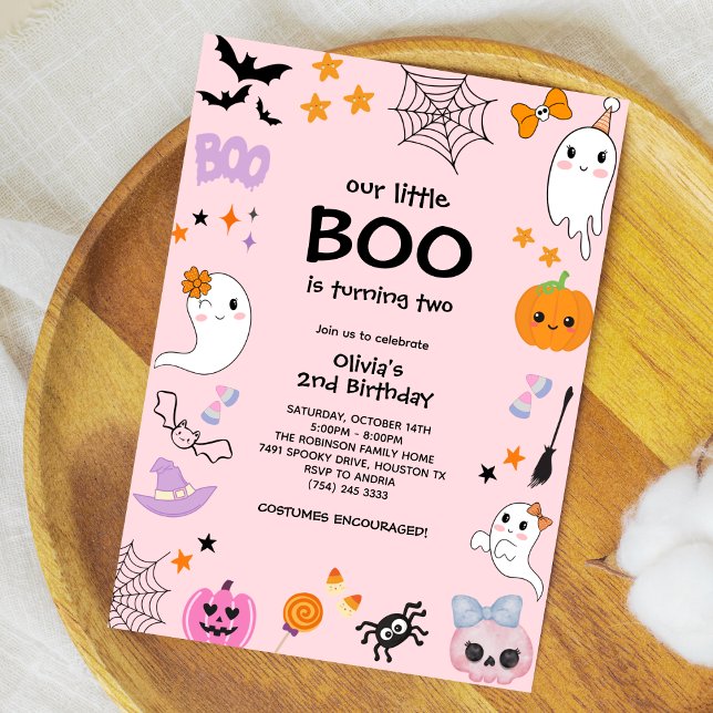 Pink unser kleines Boo Halloween 2. Geburtstag Einladung (Pink Our Little Boo Cute Ghost Halloween 2nd Birthday Invitation )