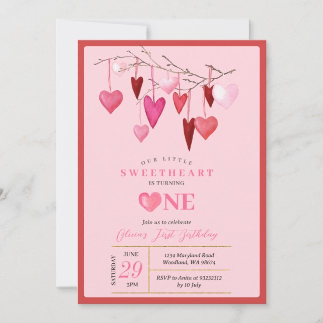 PINK Unser kleines Sweetheart Valentine 1. Geburts Einladung (Vorderseite)