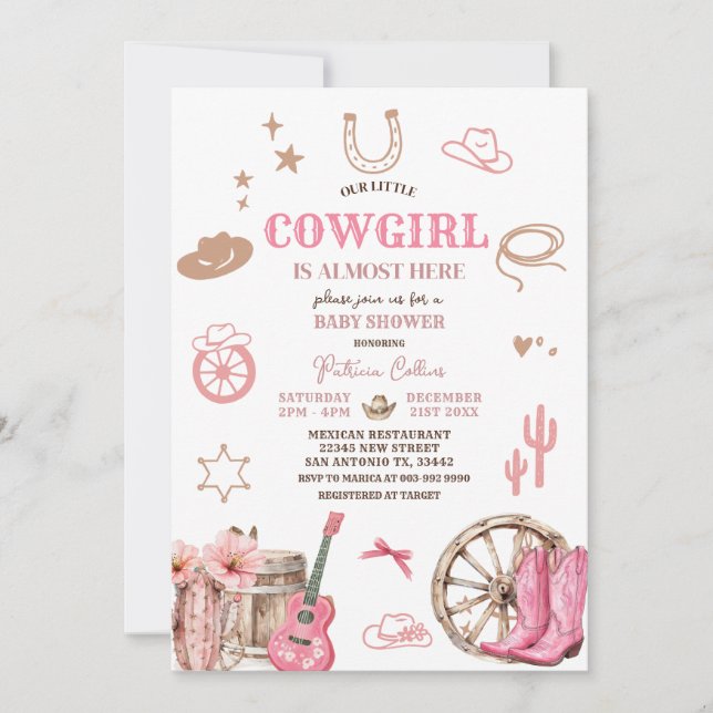 Pink Unsere kleine Cowgirl Wild West Baby Dusche Einladung (Vorderseite)