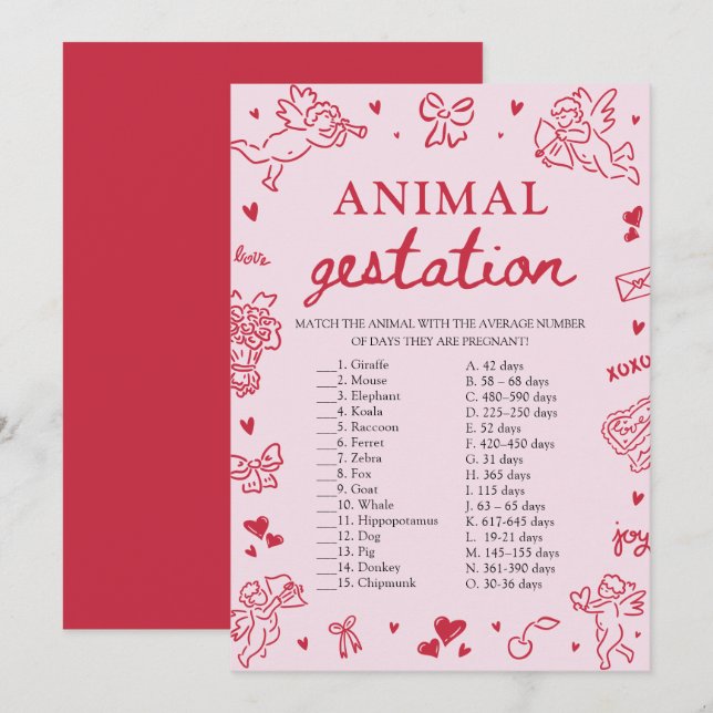 Pink Valentine Animal Gestation Baby Shower Game Einladung (Vorne/Hinten)