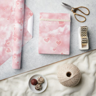 Pink Valentine Clouds Sky with Glowing Hearts Geschenkpapier