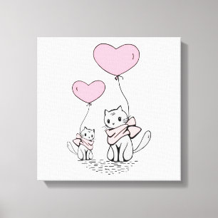 PINK VALENTINE HERZBALLOONS MIT GRAUEN KITTEN LEINWANDDRUCK