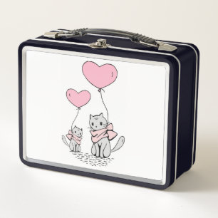 PINK VALENTINE HERZBALLOONS MIT GRAUEN KITTEN METALL BROTDOSE
