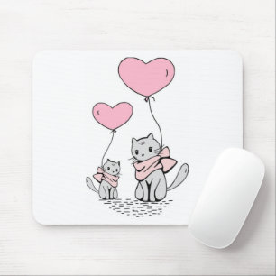 PINK VALENTINE HERZBALLOONS MIT GRAUEN KITTEN MOUSEPAD