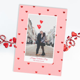 Pink Valentine’s Day photo card with red hearts Karte