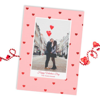 Pink Valentine’s Day photo card with red hearts Postkarte