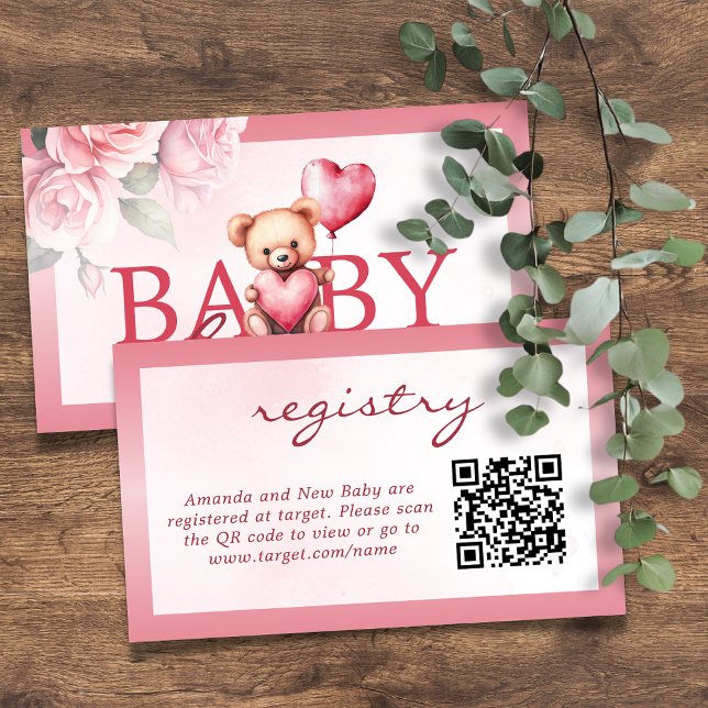 Pink Valentine Teddy Bear Registry Baby Shower Begleitkarte (Von Creator hochgeladen)