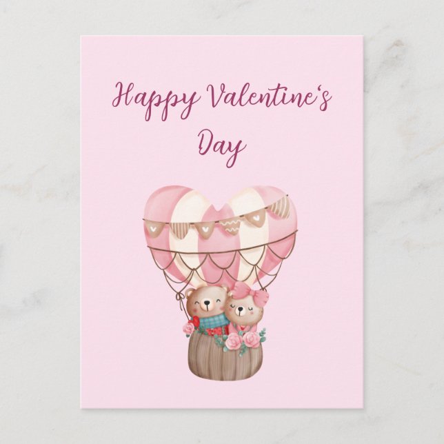Pink Valentine's Day Teddy Bär Heißluftballon Ca Postkarte (Vorderseite)
