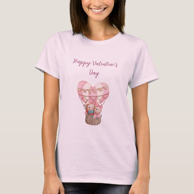 Pink Valentine's Day Teddy Bär Heißluftballon T-Shirt (Vorderseite)