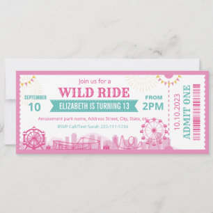 Pink Vergnügungspark-Geburtstagseinladungsticket Einladung
