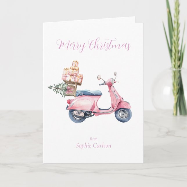 Pink Vespa Weihnachtsreise Feiertagskarte (Vorderseite)