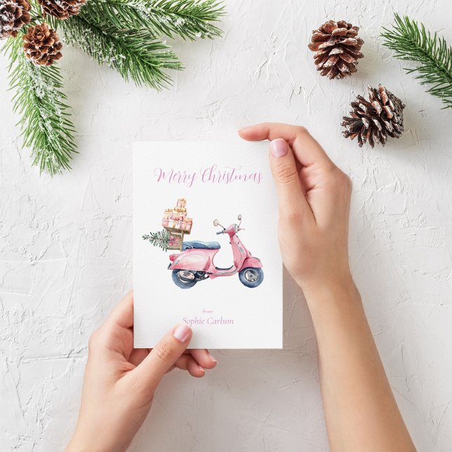 Pink Vespa Weihnachtsreise Feiertagskarte (Pink Vespa Christmas shopping trip card)