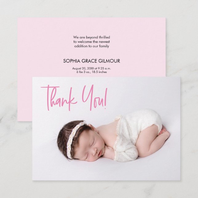 Pink Vielen Dank Script Baby Girl Foto Dusche Karte (Vorne/Hinten)