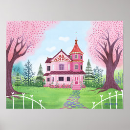 Pink Viktorianisch House & Cherry Blossom Poster
