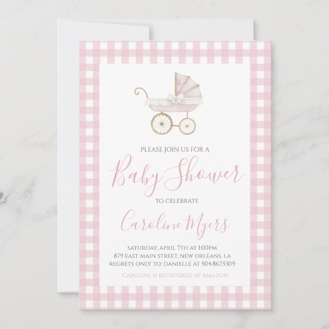 Pink Vintag Baby Carriage Baby Dusche Einladung (Vorderseite)