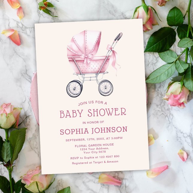 Pink Vintag Baby Carriage Baby Dusche Einladung (Von Creator hochgeladen)