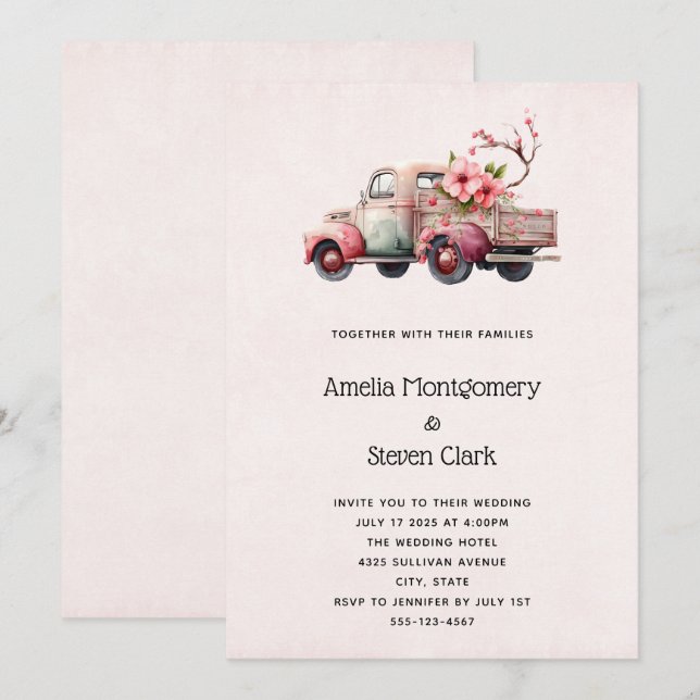 Pink Vintag Bauern LKW-Hochzeit Einladung (Vorne/Hinten)