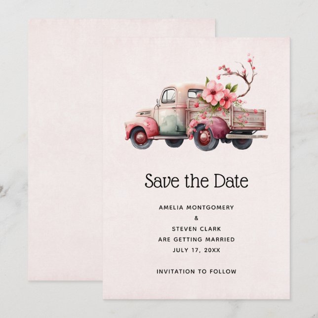 Pink Vintag Bauern LKW-Hochzeit Save The Date (Vorne/Hinten)