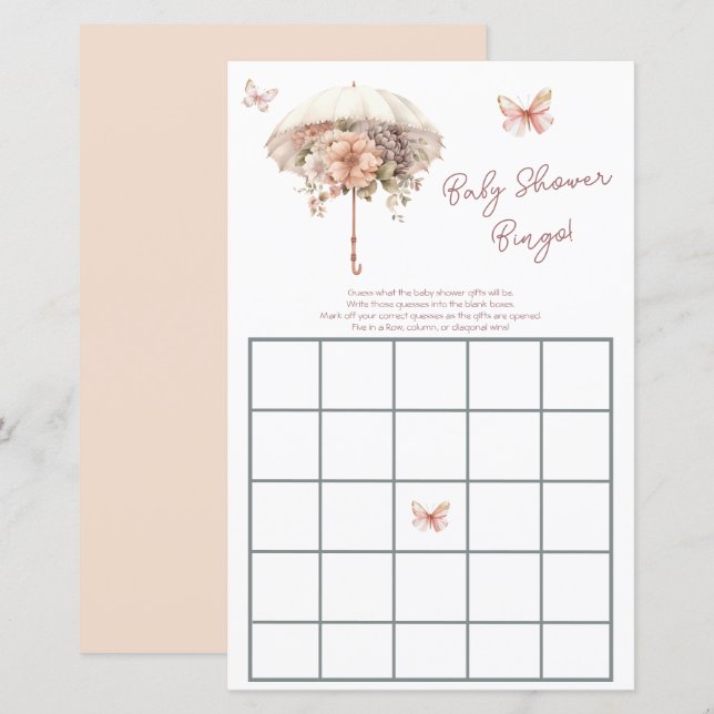 Pink Vintag Floral Umbrella Baby Show Bingo (Vorne/Hinten)