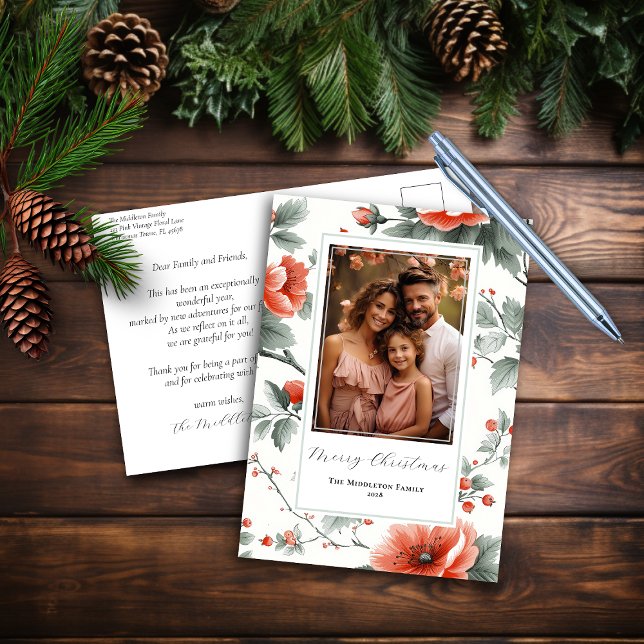 Pink Vintag Floral Weihnachten Postkarte mit Foto (Von Creator hochgeladen)