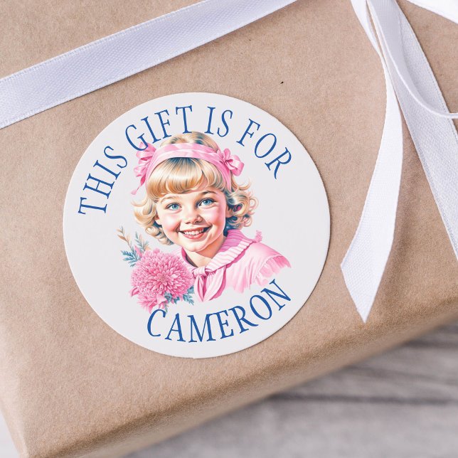 Pink Vintag Little Girl Weihnachtsgeschenk-Tag Runder Aufkleber (Von Creator hochgeladen)