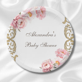 Pink Vintag Peony Rokoko Floral Baby Dusche Pappteller