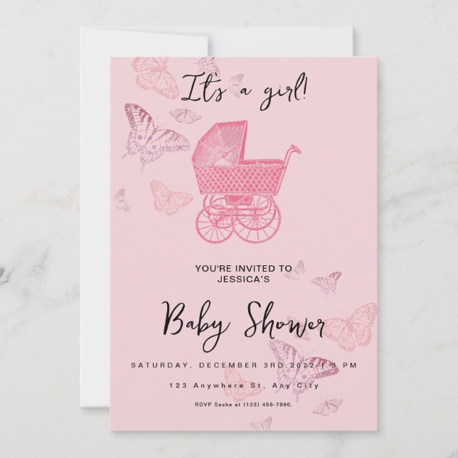 Pink Vintag Pram Stroller Baby Girl Dusche Einladung (Vorderseite)