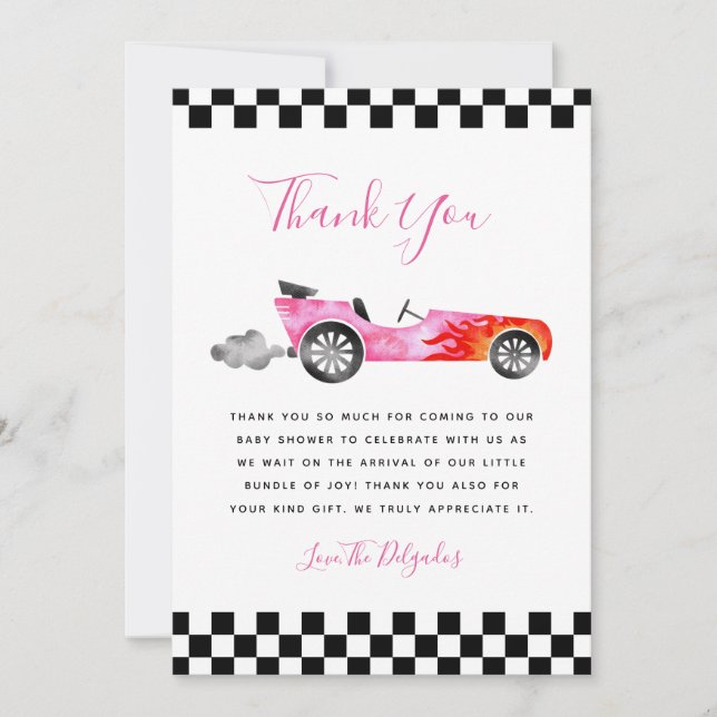 Pink Vintag Race Car Babydusche Dankeskarte (Vorderseite)