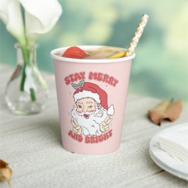 Pink Vintag Santa "Bleibe Merry and Bright" Weihna Pappbecher