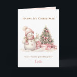 Pink Vintag Snowman Girl Erste Weihnacht geklappt Karte<br><div class="desc">Weihnachten gefaltet Karte mit einem bezaubernden Vintagen Schneemann in rosa für kleine und kleine Mädchen. Innen schneerosa. Einfache Personalisierung des Textes - Kate Eden Art.</div>