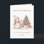 Pink Vintag Snowman Girl Erste Weihnacht geklappt Karte<br><div class="desc">Weihnachten gefaltet Karte mit einem bezaubernden Vintagen Schneemann in rosa für kleine und kleine Mädchen. Innen schneerosa. Einfache Personalisierung des Textes - Kate Eden Art.</div>