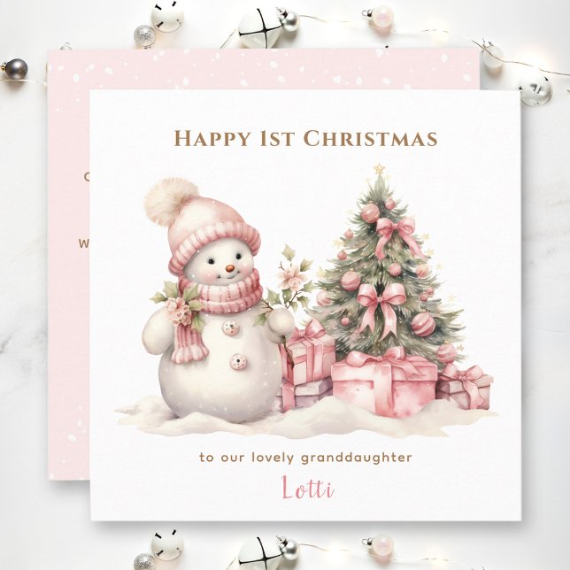 Pink Vintag Snowman Girl Erste Weihnachtskarte Karte (Pink Vintage Snowman Girl First Christmas Card)