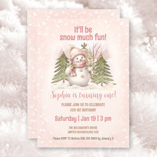 Pink Vintag Snowman Girl Winter 1. Geburtstag Einladung