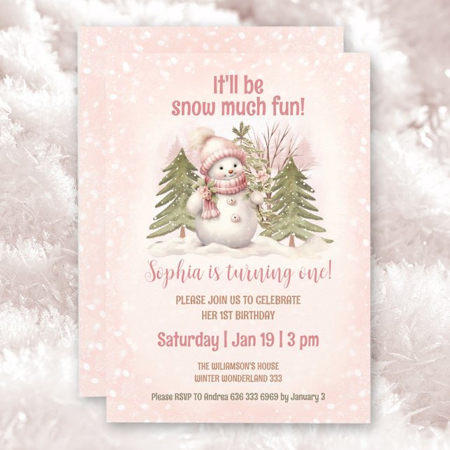 Pink Vintag Snowman Girl Winter 1. Geburtstag Einladung (Winter Pink Vintage Snowman Birthday Invitation)