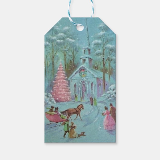 Pink Vintag Winter Weihnachtskirche Geschenkanhänger (Vorderseite)