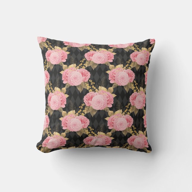 Pink Vintage Bläserschwarze Harlequin Muster Kissen (Vorderseite)
