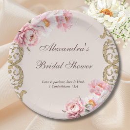 Pink Vintage Floral Peony Christian Bridal Shower Pappteller