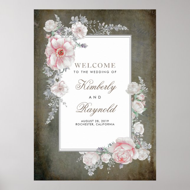 Pink Vintage Rahmen Hochzeitsschrift Begrüßung Poster (Vorne)