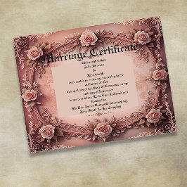 Pink Vintage Roses Marriage Certificate Poster
